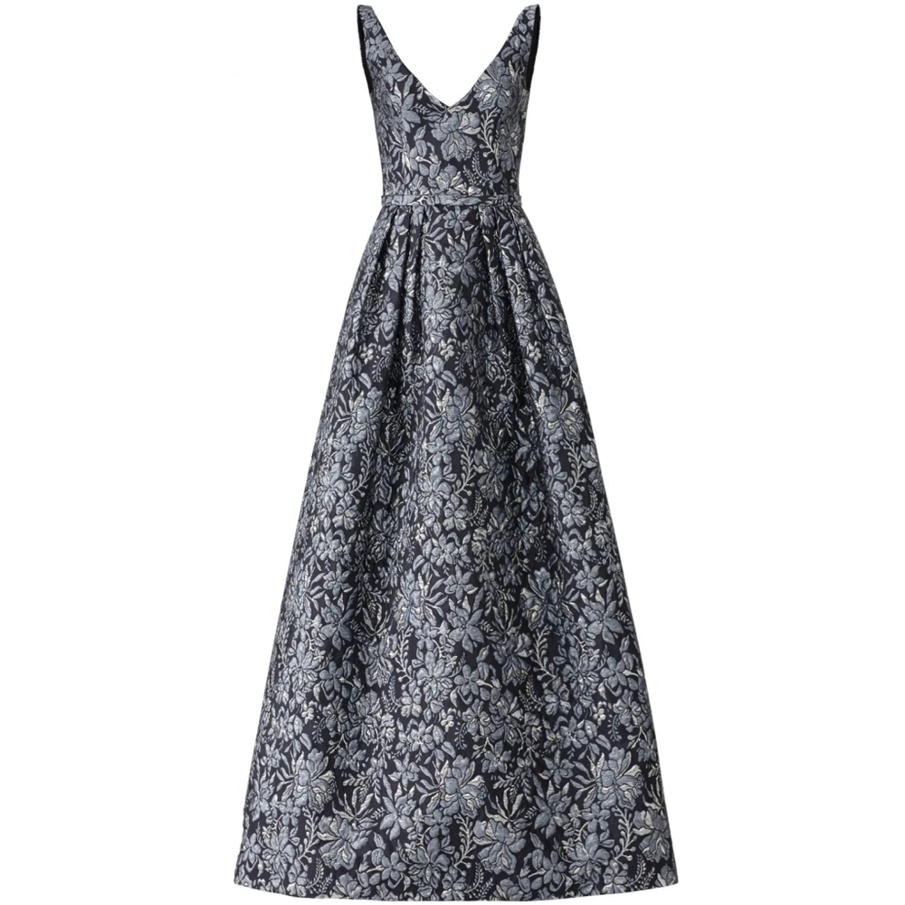 Theia Floral Slate Ballgown Dress Maxi Silver Floral $1,000 Size 8